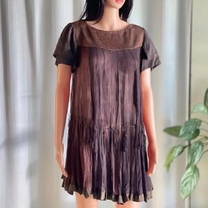NWT Vintage Y2K ANAMIKA Boho Dress Sheer Brown Short Sleeve Ethnic Indie US 8‎